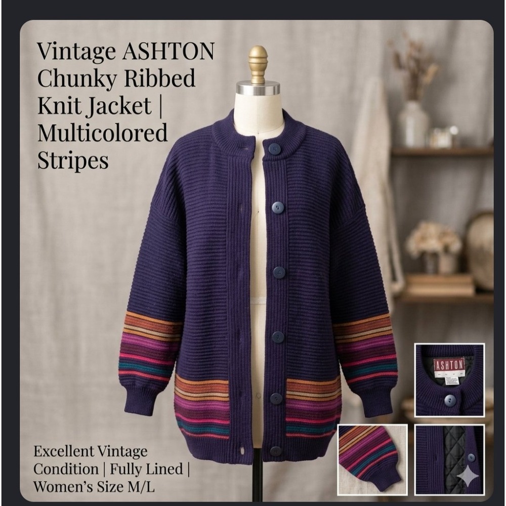 Vintage Ashton Chunky Ribbed Knit Jacket Purple Striped Quilted Lined Women M L